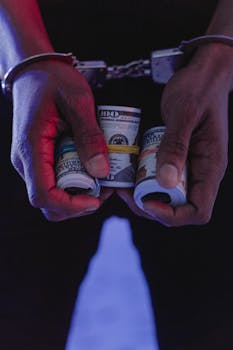 Close-up of handcuffed hands holding rolled cash in a dark setting.