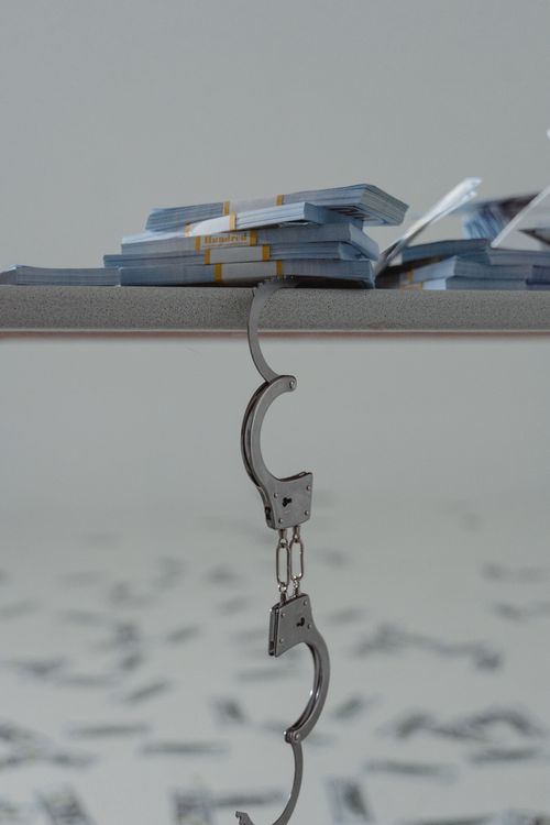 Free Image of bound cash bundles and handcuffs illustrating concepts of crime and bribery. Stock Photo