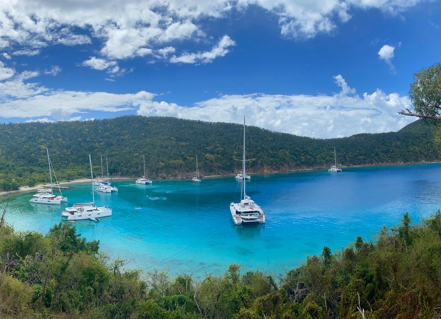 A panoramic view of a bay with yachts docked, surrounded by lush greenery in the British Virgin Islands.