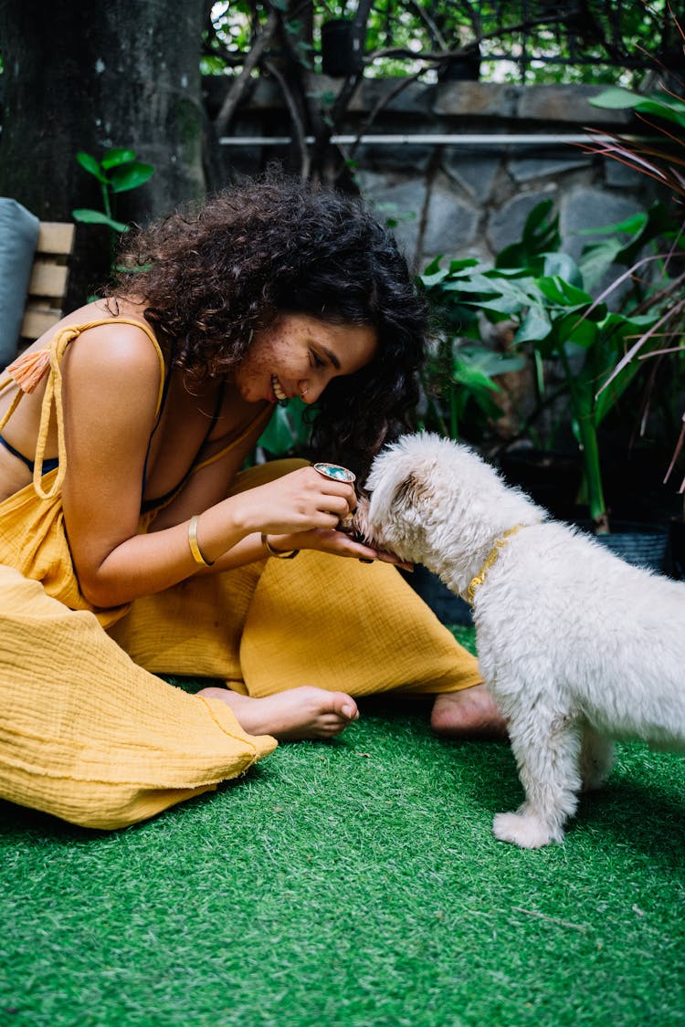 Happy Woman Feeding Her Dog 