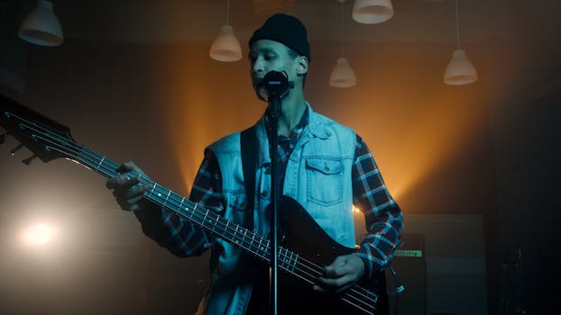 Musician performing on stage with an electric guitar under dramatic lighting.