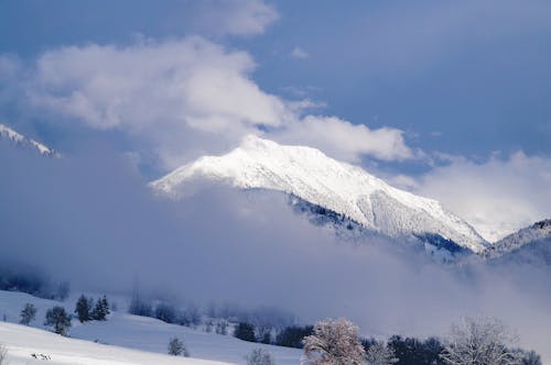 A Snow Covered Mountain under a Blue Sky