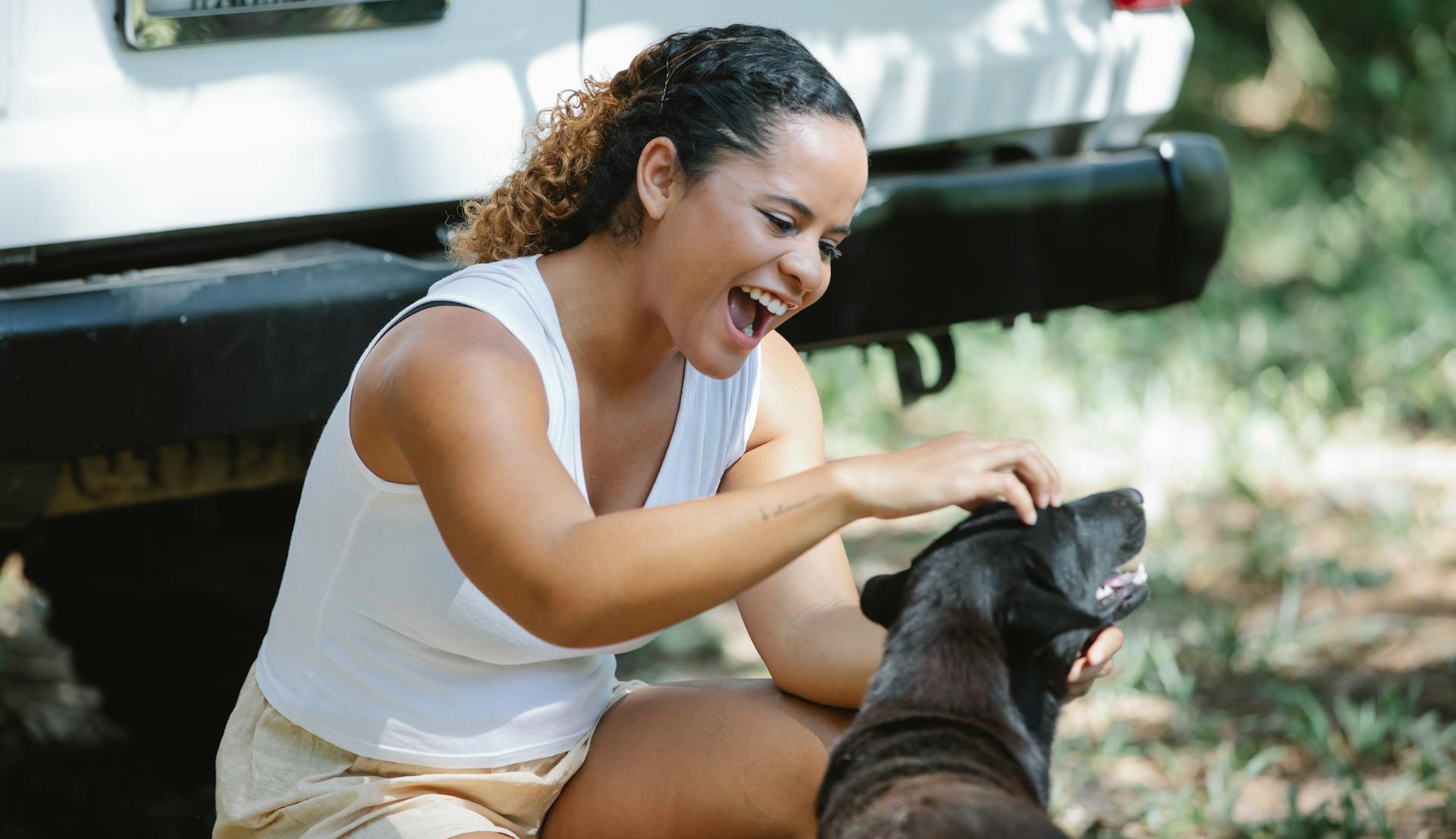 Excited young Hispanic female hiker with curly hair in casual clothes sitting on haunches and yelling while petting adorable mongrel dog during trip in forest on sunny day