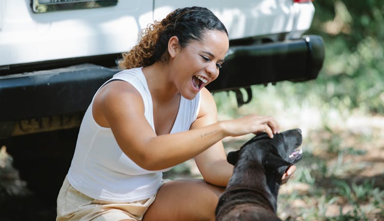 Delighted Young Ethnic Woman Stroking Dog In Nature