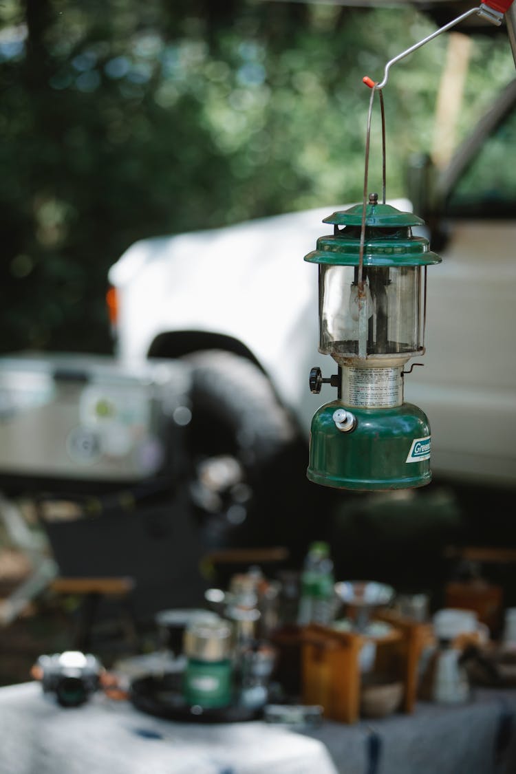 Retro Lantern Placed In Car Camping