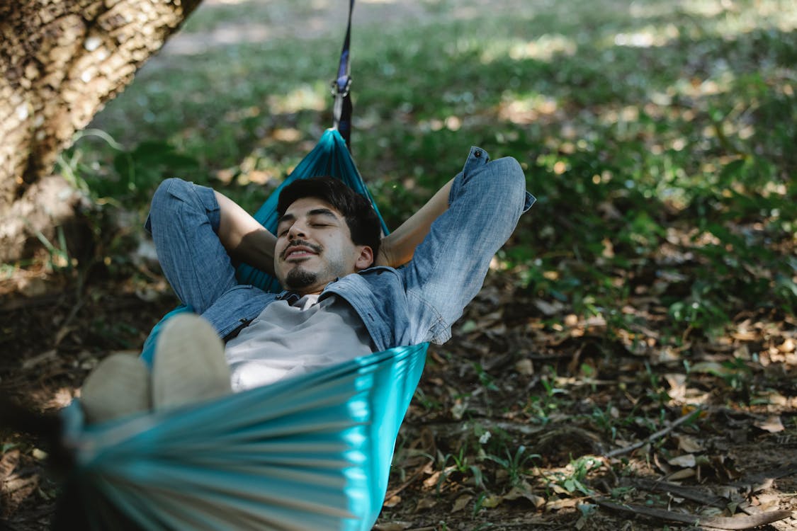 Free Relaxed bearded man resting in hammock Stock Photo