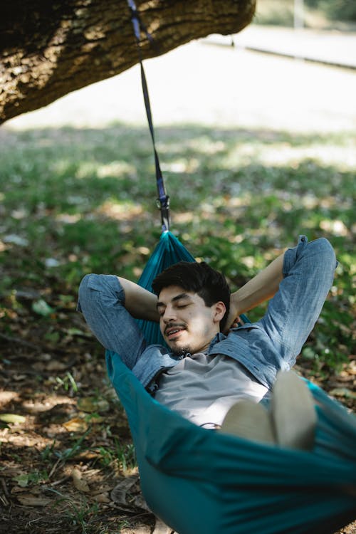 Free Relaxed man lying in hammock in forest Stock Photo