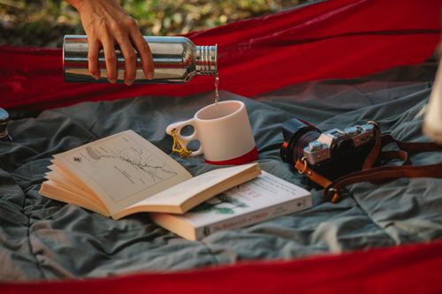 Free Unrecognizable female pouring hot green tea from thermos into cup placed on tent near books and photo camera during picnic in nature Stock Photo