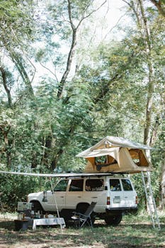 Tent placed on off road car roof parked amidst lush green trees in forest during camping on sunny day