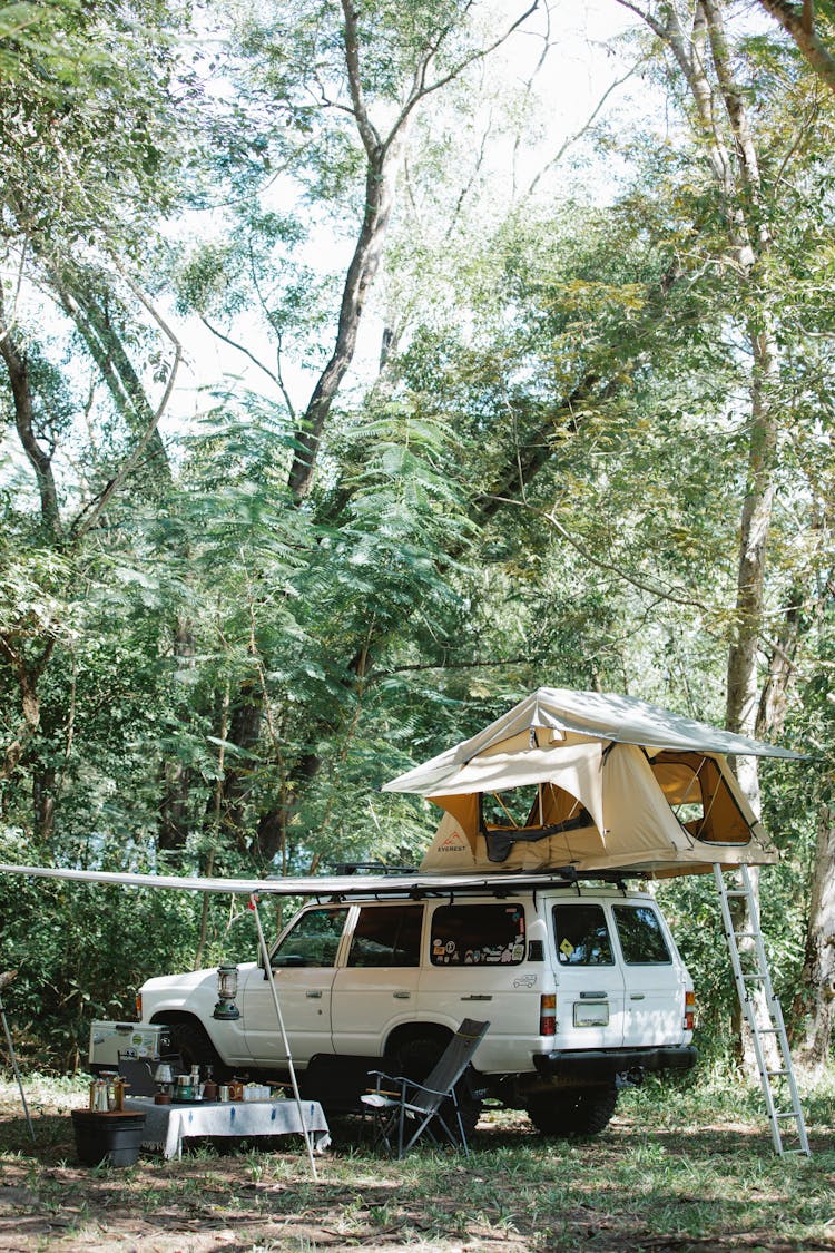 SUV Car With Camping Tent Parked In Green Forest