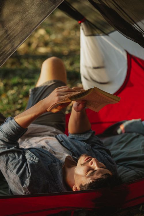 Free High angle of relaxed young male traveler in casual clothes lying in tent and reading interesting novel during camping in nature on sunny day Stock Photo