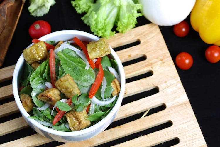 Overhead Shot Of A Bowl Of Salad With Tofu