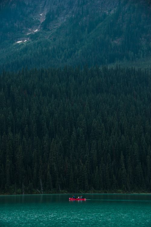 Free Picturesque view of small boat floating on rippling azure lake against lush woodland and forested hills in peaceful highlands Stock Photo
