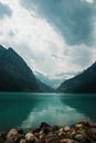Picturesque scenery of turquoise water of lake and mountains