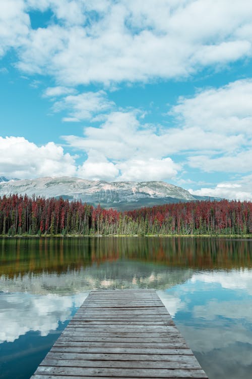 Pier over azure lake in magnificent highlands