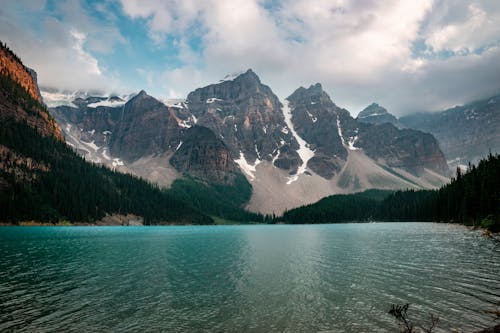 Severe mountainous range near azure cold lake