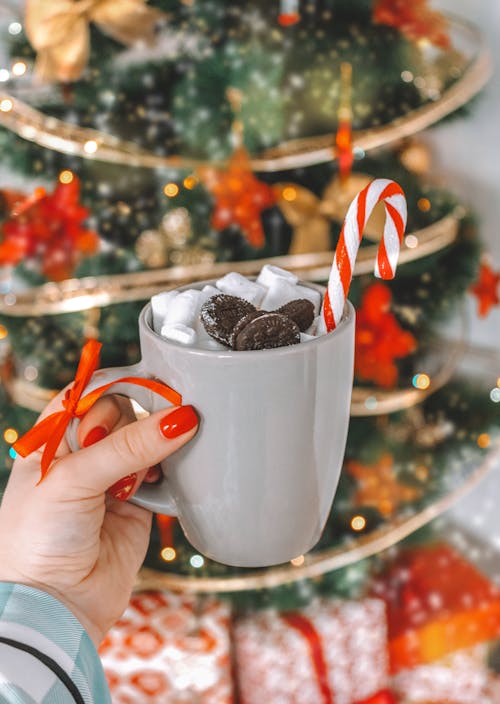 Gray Ceramic Mug With Chocolate and Candy Cane