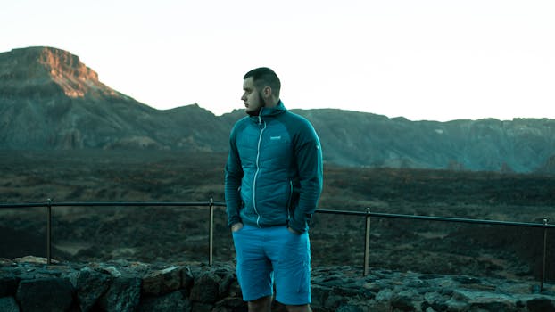 Caucasian man in blue jacket posing at Teide National Park, Spain, with a volcanic landscape backdrop.