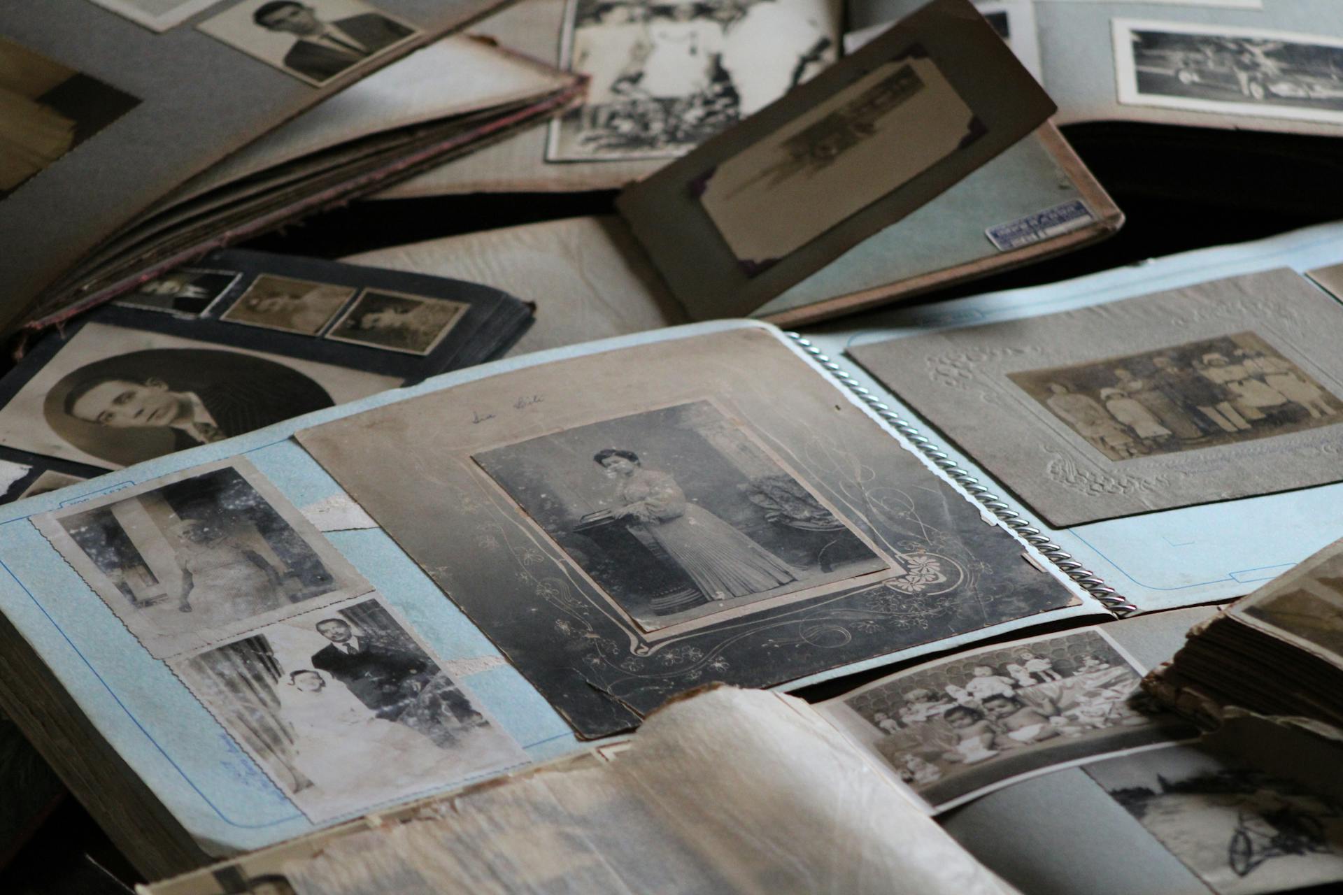 Explore vintage family photo albums filled with black and white photographs, capturing timeless memories.