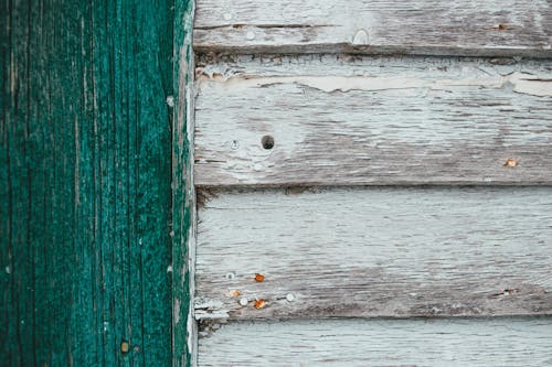 Textured background of painted wooden building wall with uneven surface and solid structure in daylight