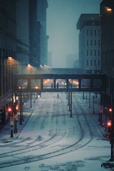 Snowy city street in Saint Paul, MN with tram tracks and illuminated buildings during winter.