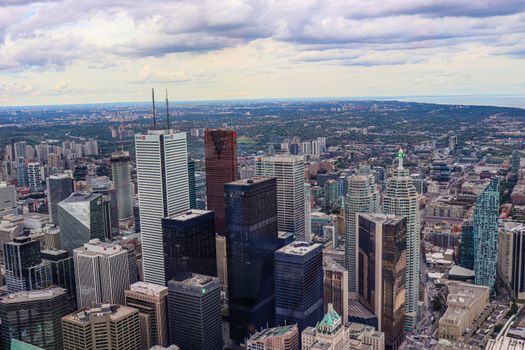 A breathtaking aerial view of Toronto's skyline with modern skyscrapers and urban landscape.