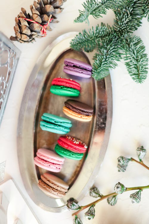 Flat Lay Photography of Delicious Macarons on a Silver Platter