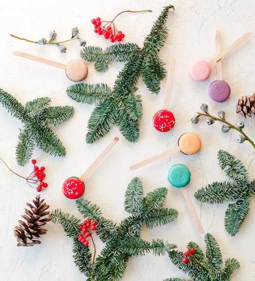 Composition of sweet macaroons and fir twigs