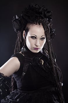Striking portrait of a gothic woman with dreadlocks and facial piercings, showcasing bold fashion and makeup.
