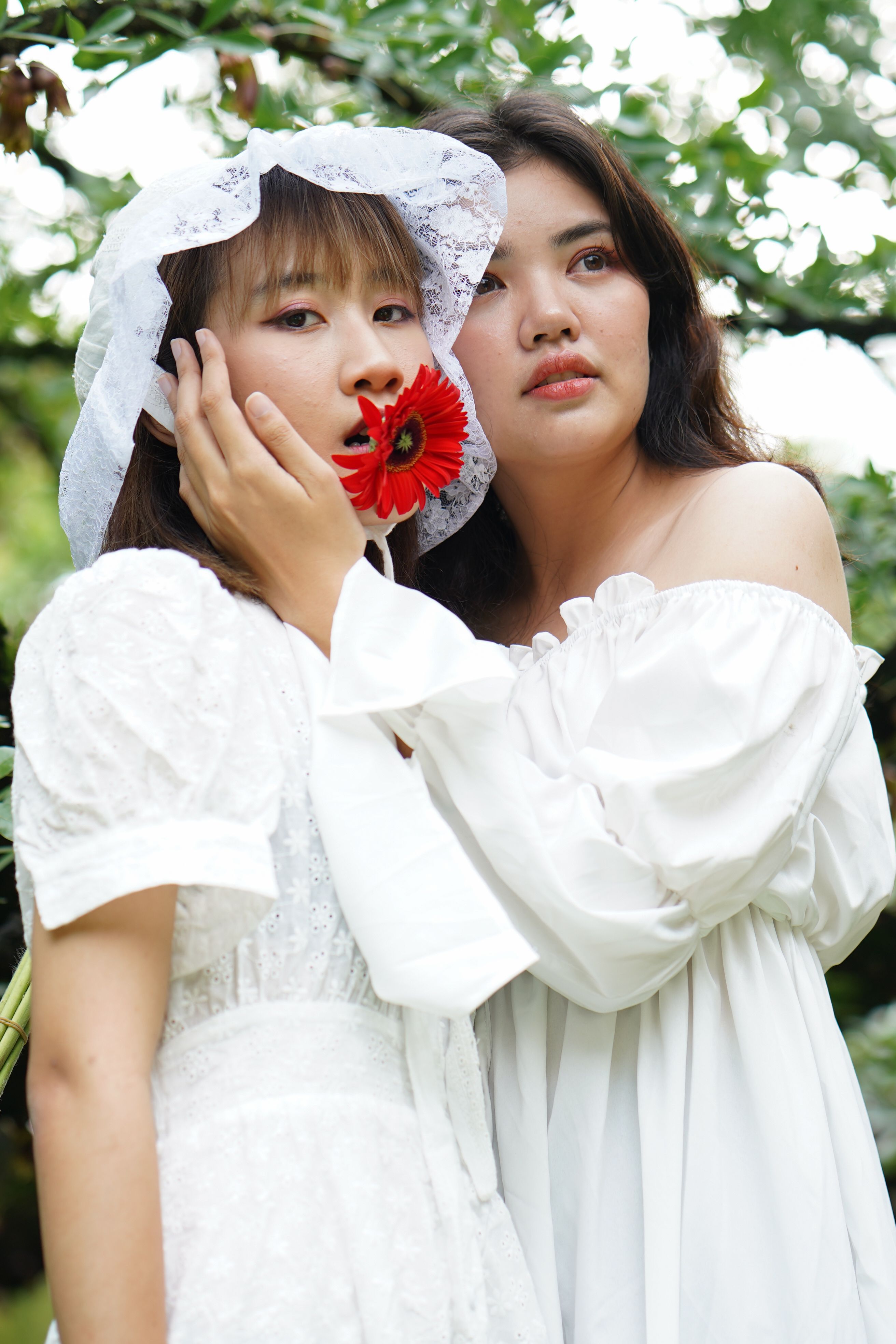 Two Pretty Women in White Dress Standing Together · Free Stock Photo