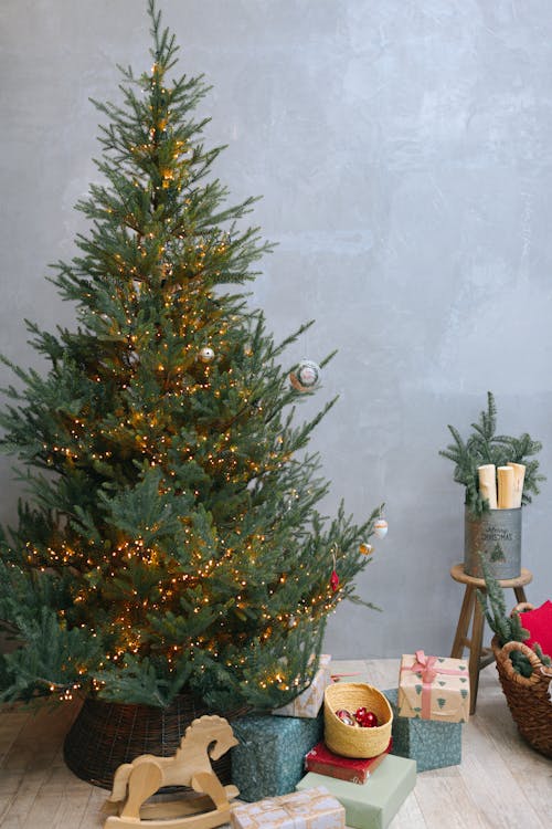 Photograph of Gifts Under a Green Christmas Tree