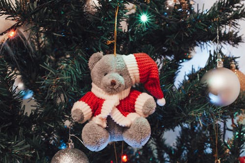 Gray Stuffed Toy on the Christmas Tree