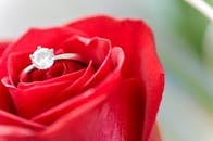 一枚闪亮的钻石戒指特写置于鲜艳的红玫瑰之上，尽显优雅与浪漫