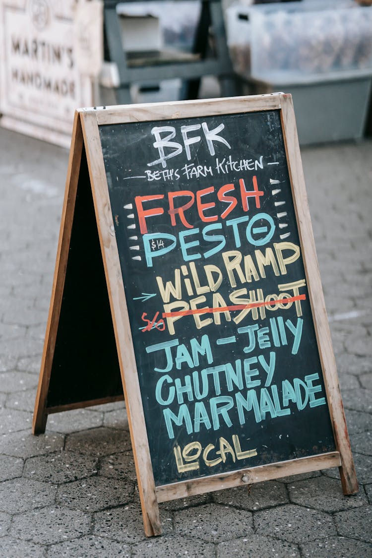 Blackboard With Written Menu Of Cafe Placed On Street