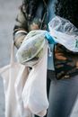 Crop unrecognizable woman carrying fresh vegetables on street