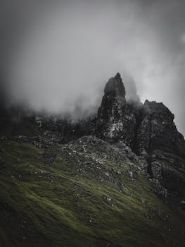 Moody cloud-covered landscape of Old Man of Storr in Highland, Scotland.