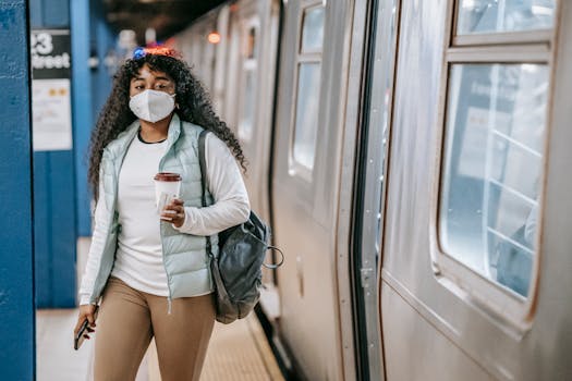 Woman wearing a mask holding coffee while waiting for subway train on platform, urban lifestyle.