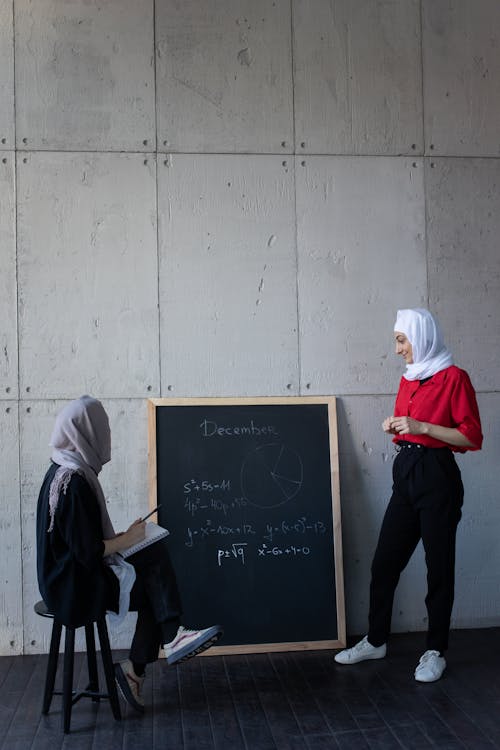 Diverse Islamic women discussing plan of job on blackboard