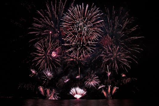 A vibrant fireworks show lighting up the night sky over water, perfect for celebrations.