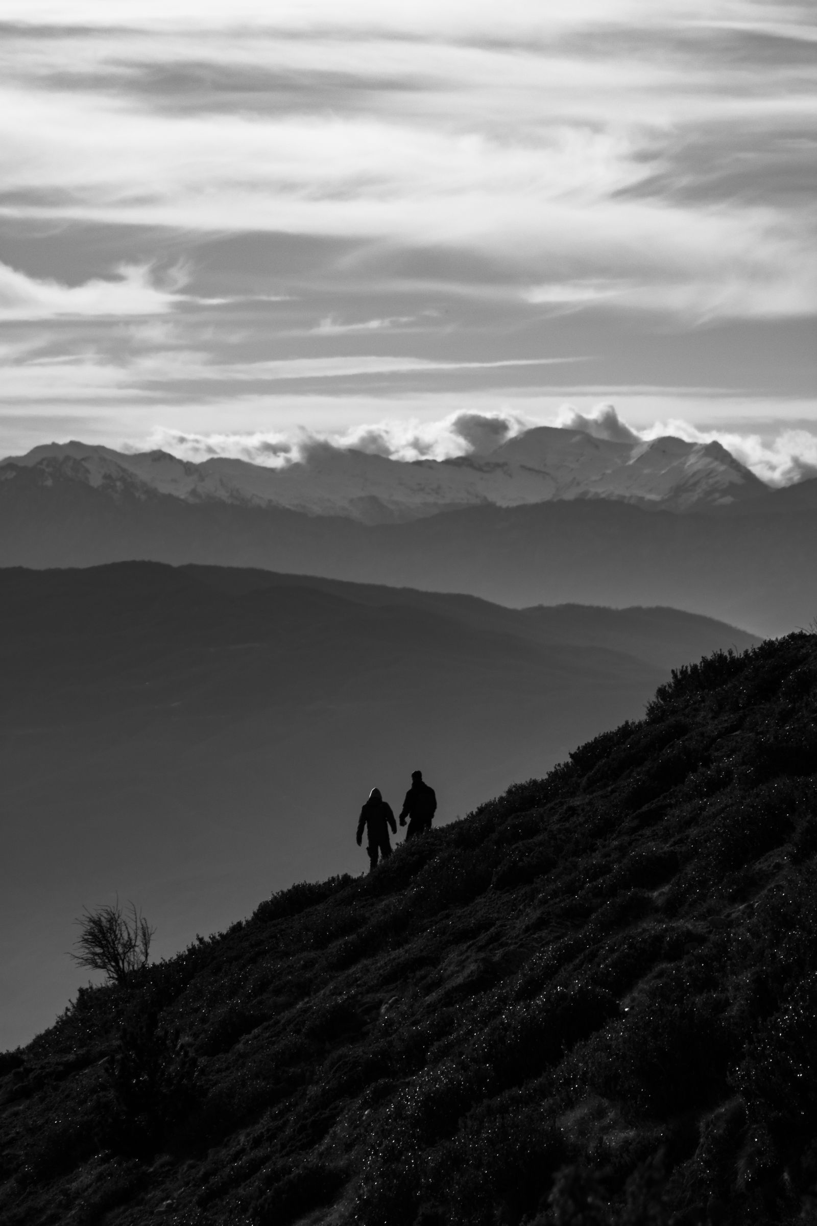 Petit grup de caminants avançant per una carena de muntanya