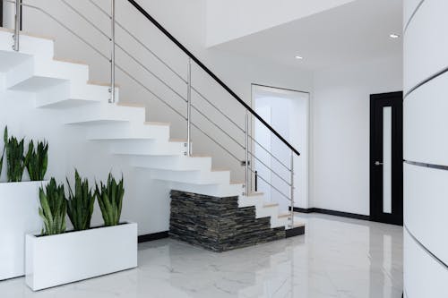 Green potted houseplants placed near staircase in spacious mansion