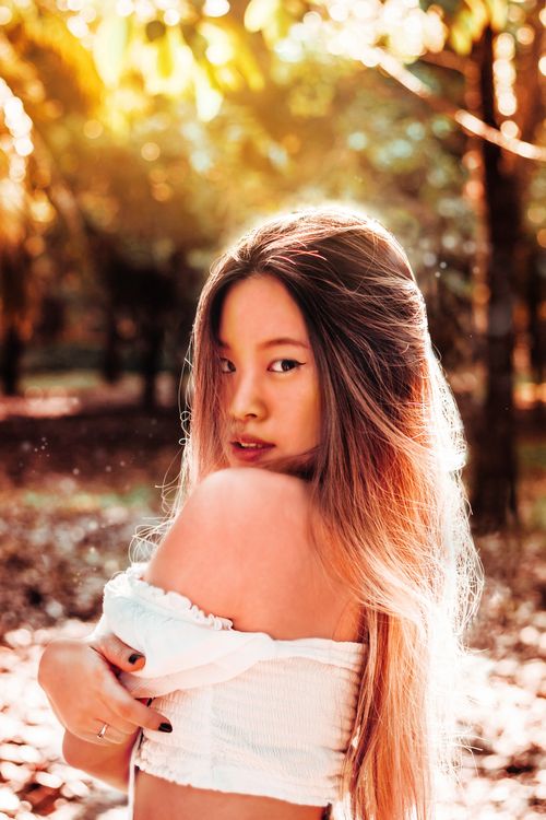 Free Captivating portrait of a woman in a sunlit autumn forest evoking warmth and mystery. Stock Photo