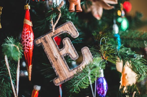 Various Christmas tree decoration hanging on twigs