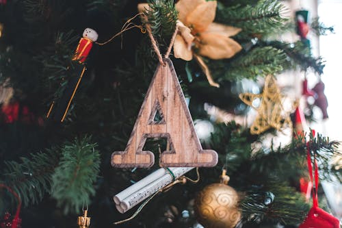 Wooden A letter toy and various creative baubles hanging on Christmas tree branches in daylight