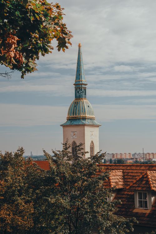 Free St. Martin's Cathedral tower with lush trees in Bratislava under a clear sky. Stock Photo