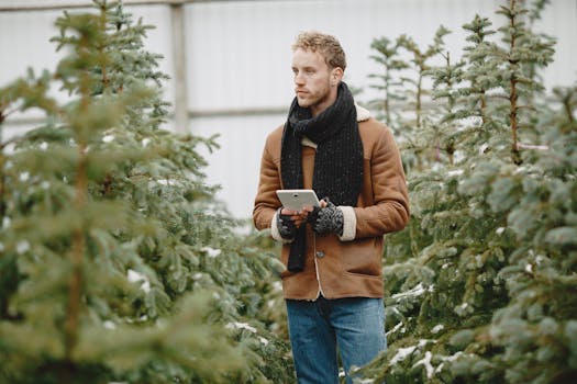 A man in a stylish winter jacket surrounded by pine trees using a digital tablet.