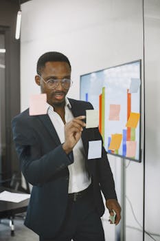 Focused businessman in office strategizing using colorful sticky notes on glass wall.