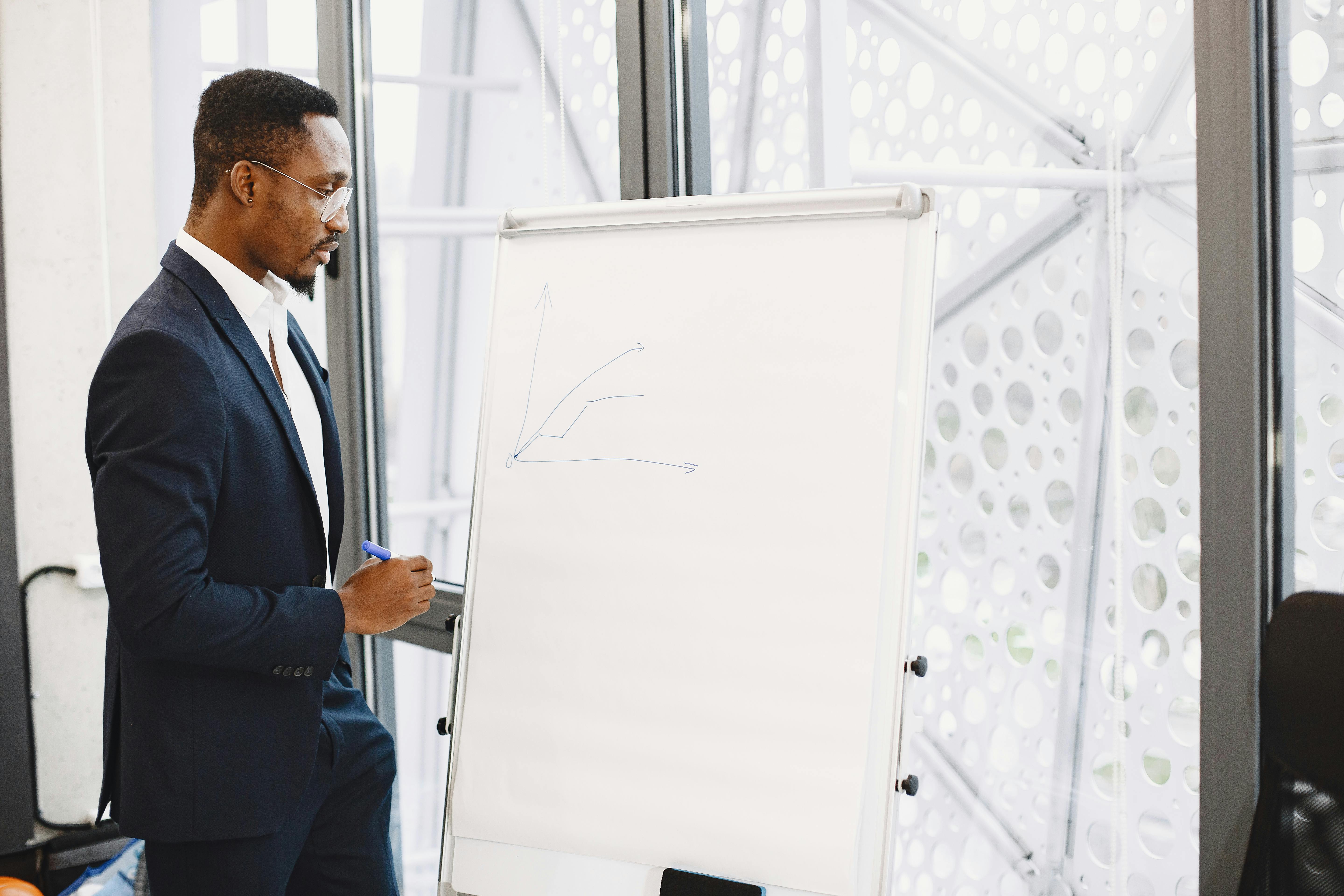 Confident businessman in a suit giving a presentation on growth strategy with a chart on a flipchart.