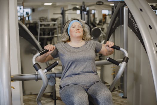 Middle-aged woman working out on gym machine for a healthy lifestyle.