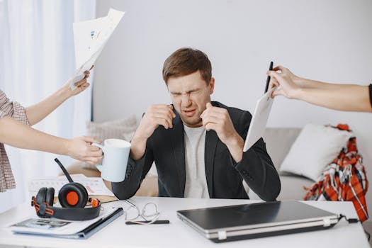 Adult man stressing out at home office desk with multiple demands surrounding him.